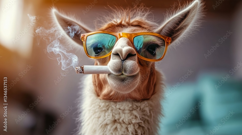 Fototapeta premium Camel is smoking a cigarette while wearing sunglasses. The scene is humorous and lighthearted, as it is not common to see a camel wearing sunglasses and smoking a cigarette
