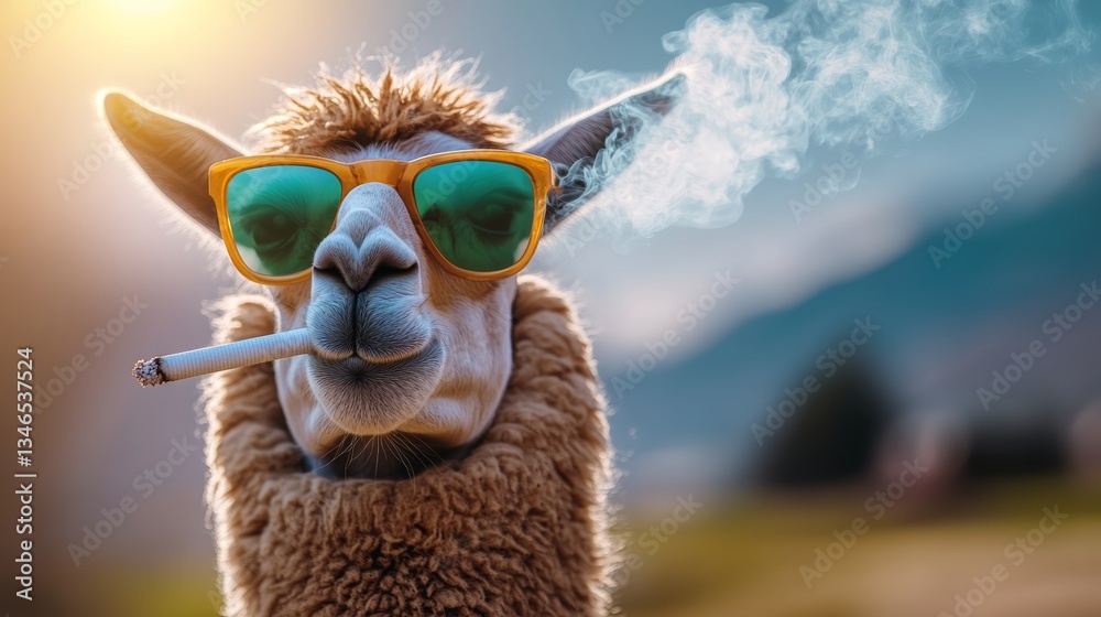 Fototapeta premium Camel is smoking a cigarette while wearing sunglasses. The scene is humorous and lighthearted, as the camel is dressed in human-like clothing and accessories