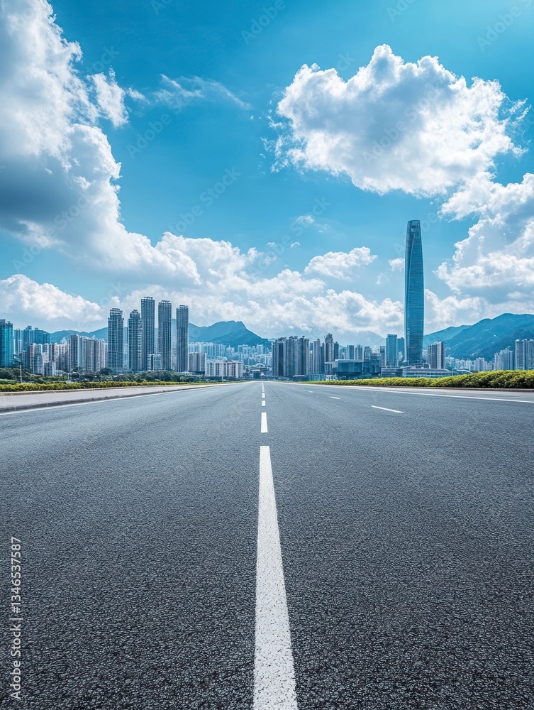 Fototapeta premium Road Leading to Modern City Skyline Under a Bright Cloudy Sky