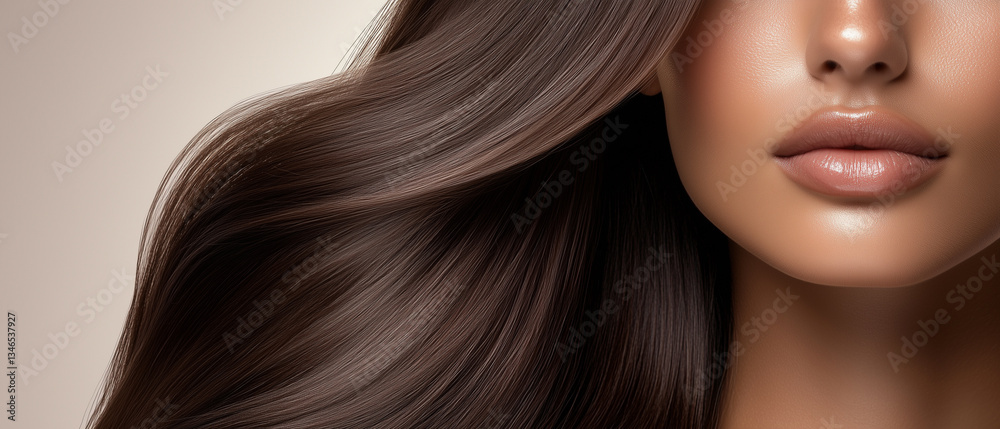 Woman’s lips and hair close-up, featuring healthy shiny hair and glossy lips in soft light.