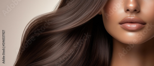 Obraz na płótnie Woman’s lips and hair close-up, featuring healthy shiny hair and glossy lips in soft light. w salonie