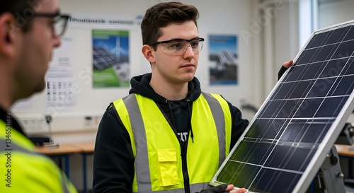 Apprentice Solar Installer Learning Panel Installation at a Training Facility (Industry)