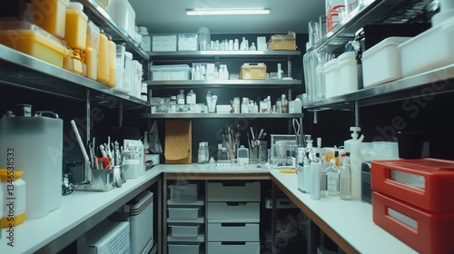 Organized lab storage, chemicals, tools, workspace, dark background, research