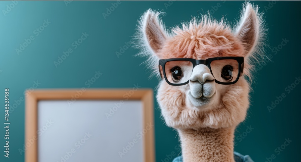Fototapeta premium Cartoonish looking llama wearing glasses and standing in front of a white board. The llama appears to be a teacher or a student