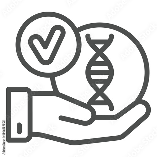 Approved DNA test with hand line icon, genetic research concept. Vector graphics. Hand palm and DNA chain, checkmark sign on white background, outline style icon for mobile or web design.