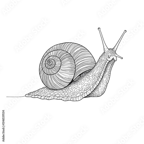 Realistic Snail, Detailed Drawing, Crawling Against White Background