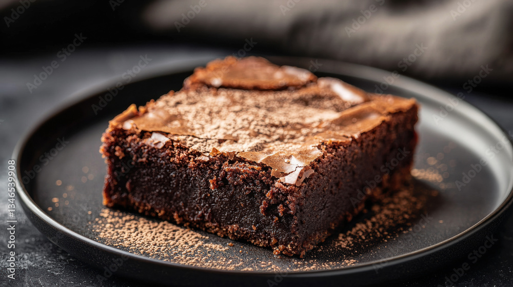 Macro shot of a warm brownie with a crackly top and fudge center, served on a dark plate with a textured concrete background and warm light Macro shot of a warm brownie with a crackly top and fudge center, served on a dark plate with a textured concrete background and warm light