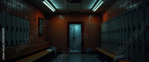 An Empty Locker Room with a Shower, Showing Benches and Discarded Clothing