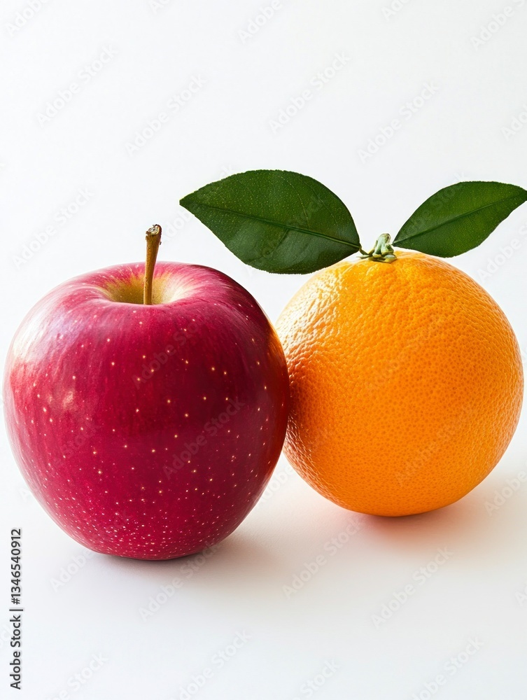 Close-up of Fresh Red Apple and Orange with Green Leaves Close-up of Fresh Red Apple and Orange with Green Leaves