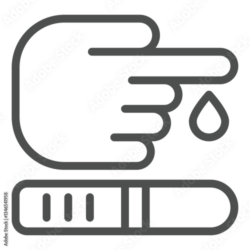 Glucose meter strip strip with hand line icon, medical test concept. Vector graphics. Finger drop with sample stick sign on white background, outline style icon for mobile or web design.
