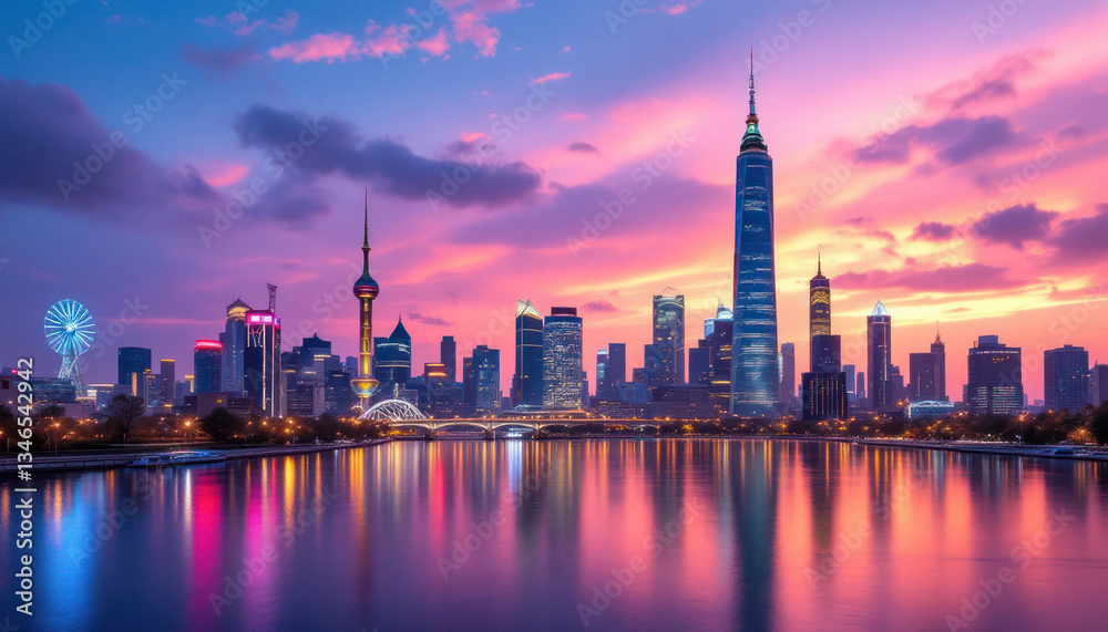 Obraz premium Shanghai Skyline at Sunset: A Vibrant Cityscape