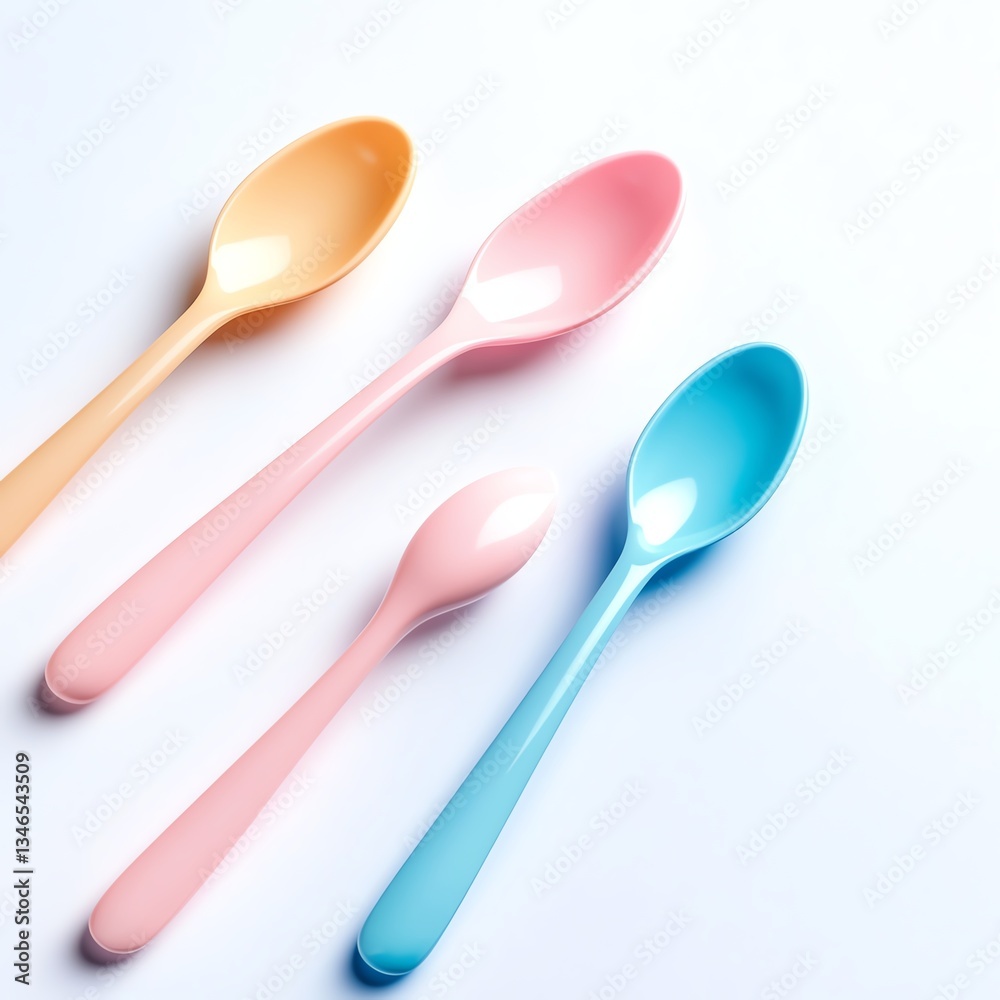 Colorful plastic spoons arranged in a stylish layout on a light background.