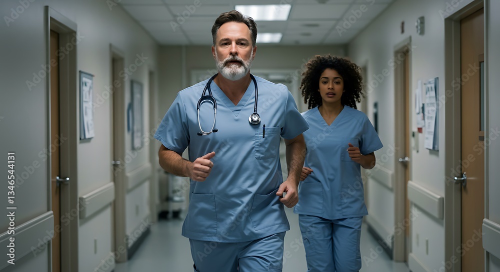 Fototapeta premium Two determined medical professionals a male doctor and a female nurse sprint down a hospital corridor responding to a critical situation Their focused expressions and hurried pace convey urgency and d
