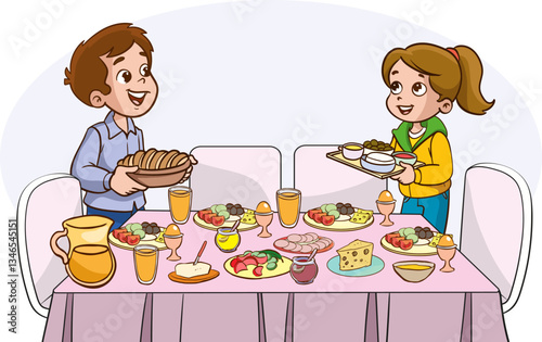 Boy and girl preparing breakfast table.Vector cartoon illustration.