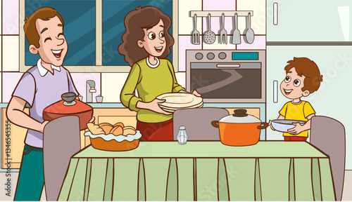 happy family preparing the dinner table together.Vector Illustration of a Happy Family in the Kitchen.