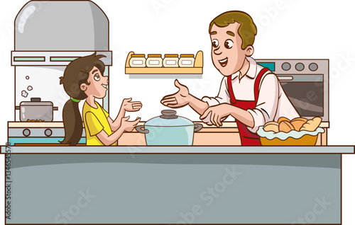 Father and daughter cooking in the kitchen. Vector illustration.