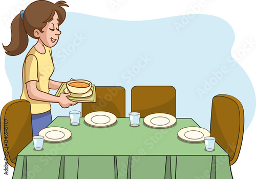 Vector Illustration of Mother Preparing Dinner Table in the Kitchen at Home