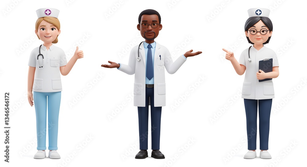 3D Medical Team Characters in Professional Attire with Thumbs Up, Presenting, and Pointing Gestures on Plain White Background - Professional Vector Illustration Pack with AI File for Healthcare Sector 3D Medical Team Characters in Professional Attire with Thumbs Up, Presenting, and Pointing Gestures on Plain White Background - Professional Vector Illustration Pack with AI File for Healthcare Sector