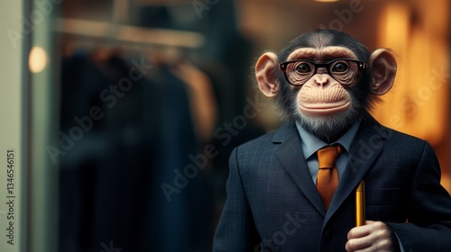 Monkey wearing a suit and tie is holding a pencil. The image is a creative and humorous take on the idea of a monkey dressed in formal attire