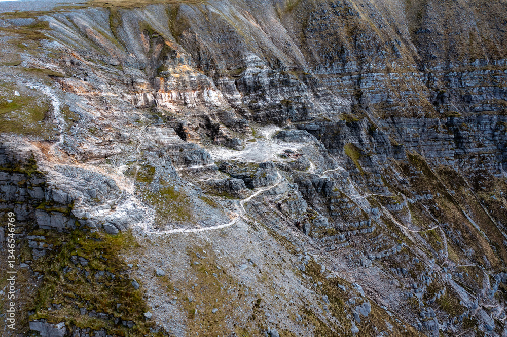 Fototapeta premium Aerial view of the Muckish mountain and the trail called miners path in county Donegal. Ireland