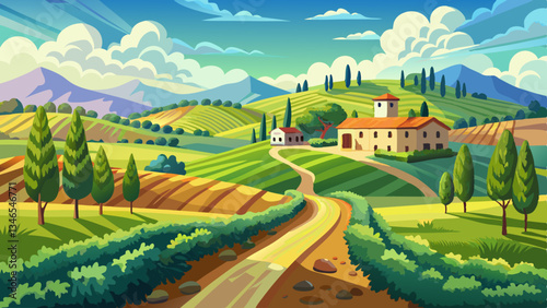 Beautiful Italian summer rural landscape; Countryside Panorama of summer green field with dirt road and sunny cloudy sky.