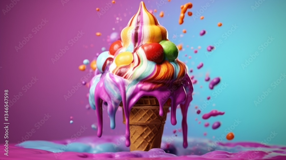 Obraz premium Colorful Ice Cream Cone with Assorted Flavors and Toppings on Pink Background
