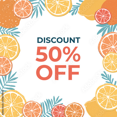 Creative concept of minimal summer poster. Vector hand-drawn citrus fruits and tropical leaves Ideal for online stores, special offers, social media ads, and branding,banner, cover, label