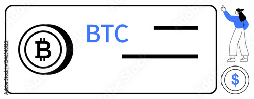 Bitcoin symbol beside text, minimal transaction lines, figure gesturing at financial elements. Ideal for cryptocurrency, blockchain, fintech, digital wallet, investment payment savings themes. Flat