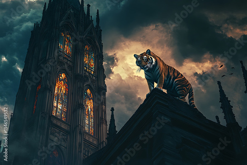 Majestic tiger perched atop a gothic cathedral, under a stormy sky with vibrant stained glass photo