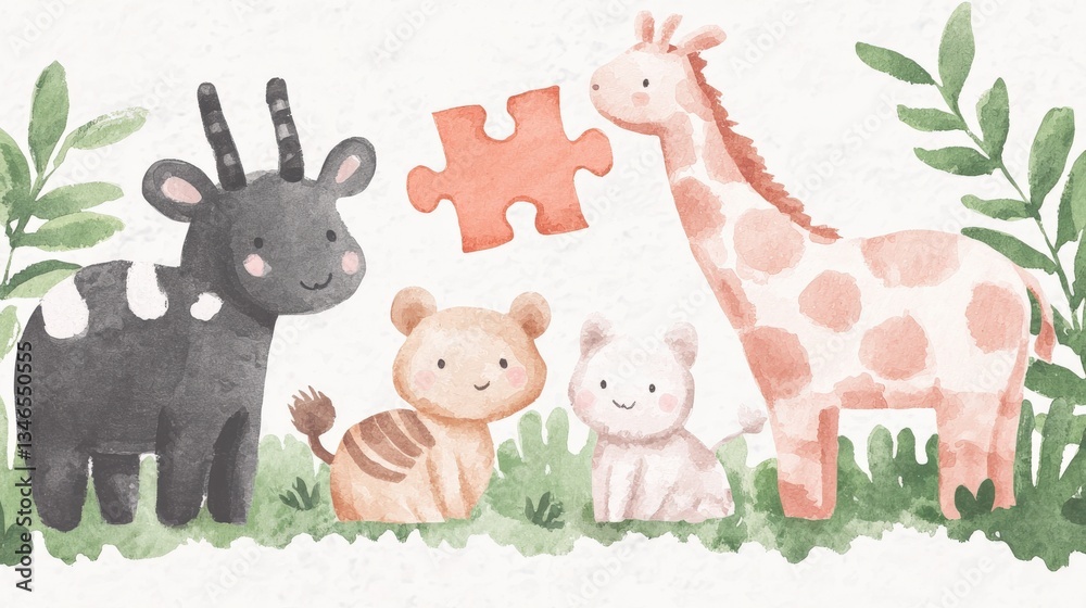 Obraz premium Adorable cartoon animals including a goat, bear, cat, and giraffe interacting with a puzzle piece among lush greenery, perfect for children's themes.