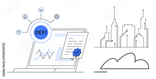 Laptop displaying financial data, smart contract with a certified seal, connected to decentralized finance icons, digital cityscape, and cloud. Ideal for finance, tech, blockchain, investment