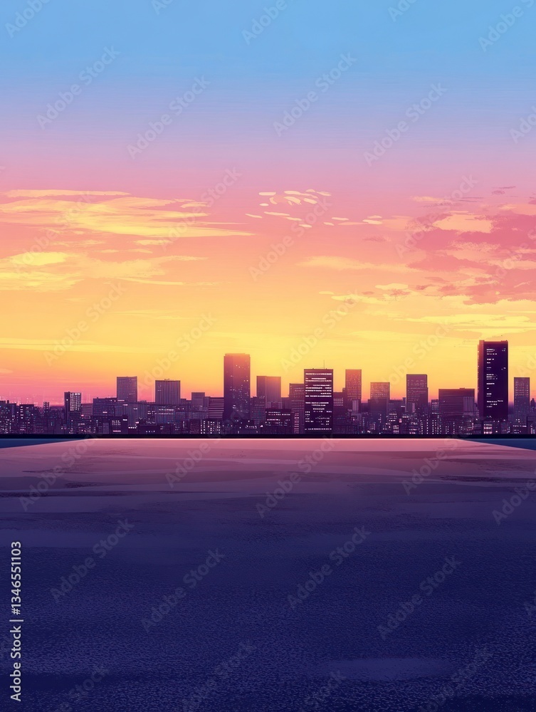 Fototapeta premium City Skyline at Sunset with Vibrant Sky and Urban Rooftop View