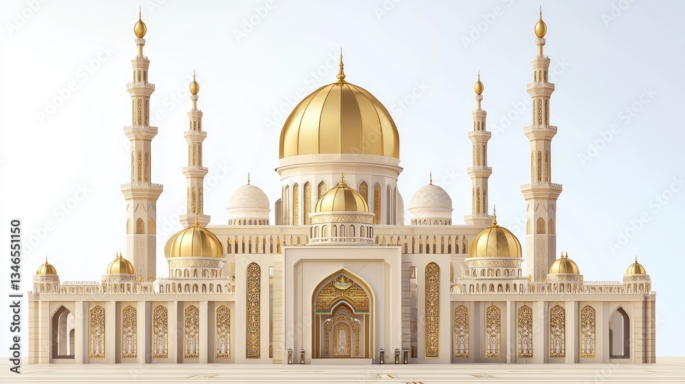 Fototapeta premium Majestic golden mosque design with intricate details, perfect for Islamic themes and religious events.