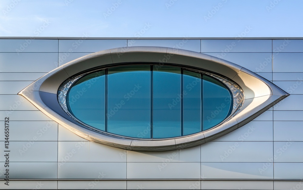 Fototapeta premium Unique Eye-shaped Window Design on Modern Building Exterior with Metal Cladding