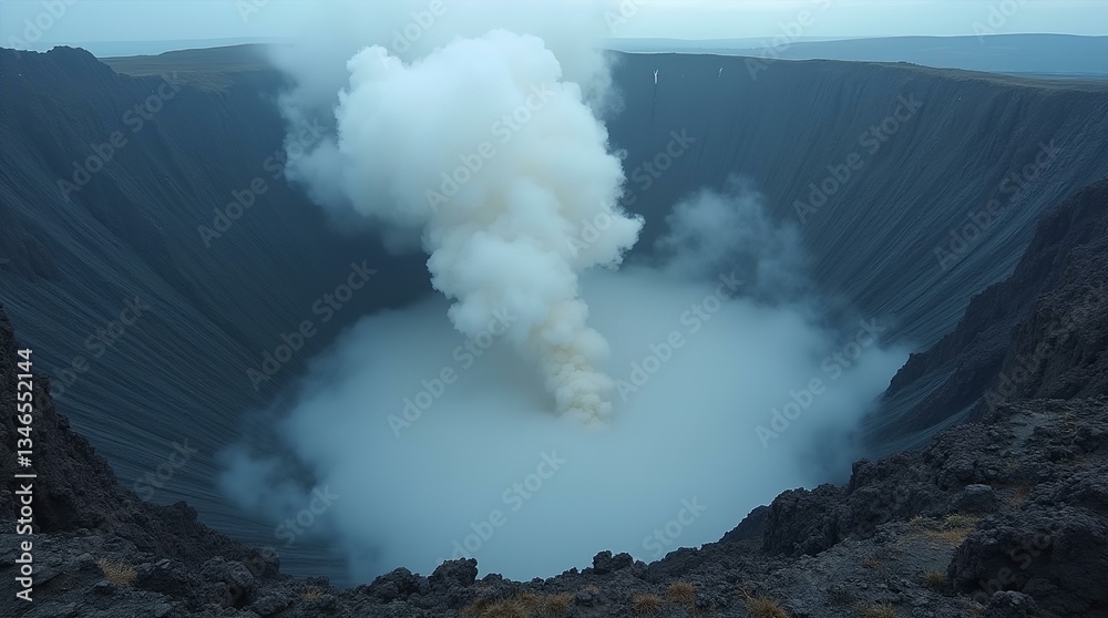 Fototapeta premium Dramatic Dark Volcano Crater Steam Landscape