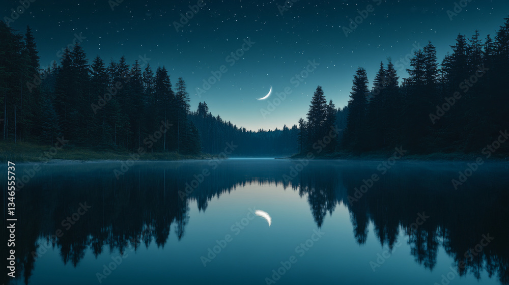 Fototapeta premium serene night landscape featuring calm lake reflecting crescent moon and starry sky, surrounded by dense evergreen trees