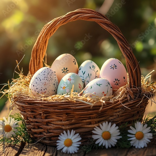Wicker basket filled with pastel-colored Easter eggs nestled in soft straw, sitting on a wooden table bathed in golden spring sunlight, evoking festive charm.