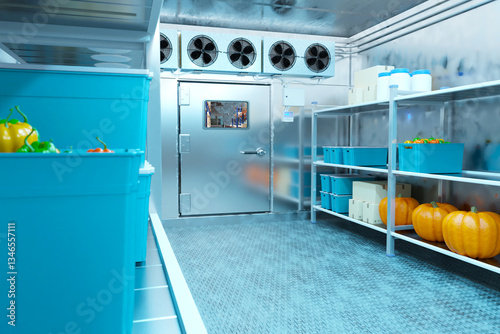 A cold storage room with metal walls, industrial cooling fans, and shelves stocked with fresh produce, including pumpkins, peppers, and packaged goods in blue containers 3d image