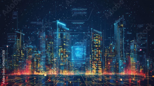 Wallpaper Mural Futuristic city skyline with digital interface overlay. Possible use in technology, future, and urban design concepts Torontodigital.ca