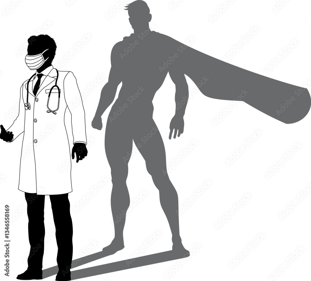 Fototapeta premium A superhero medical doctor man health care worker revealed by his shadow silhouette as a super hero in a cape.