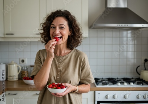 A woman enjoys eating fresh strawberries in her bright modern kitchen with a happy expression.