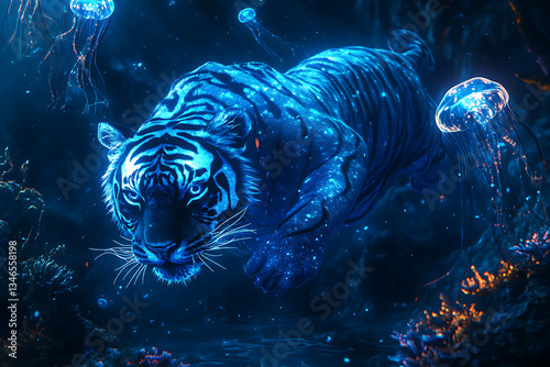 A glowing blue tiger swimming gracefully through an underwater scene filled with luminous jellyfish
