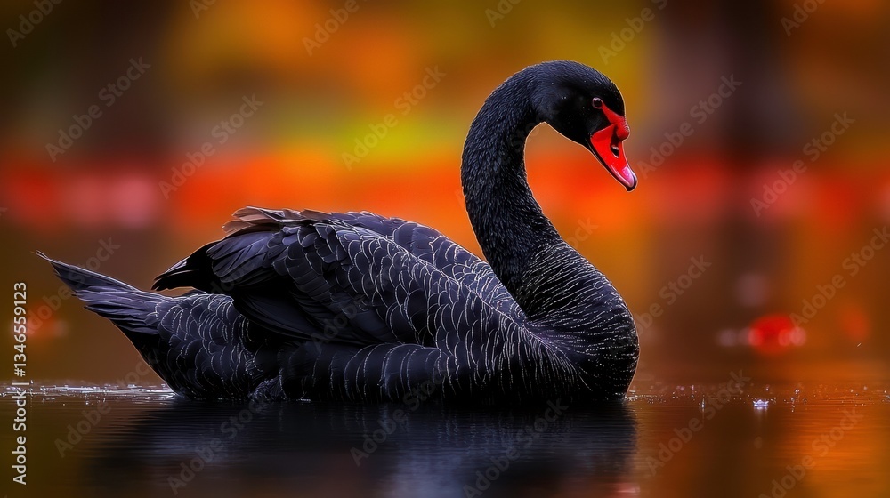 Fototapeta premium Elegant Black Swan Gracefully Gliding Across Tranquil Water Scene