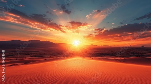 Desert sunrise skyline horizon warm glow concept. A breathtaking sunset over vast sand dunes, with vibrant orange and red hues illuminating the sky and casting long shadows across the desert landscape