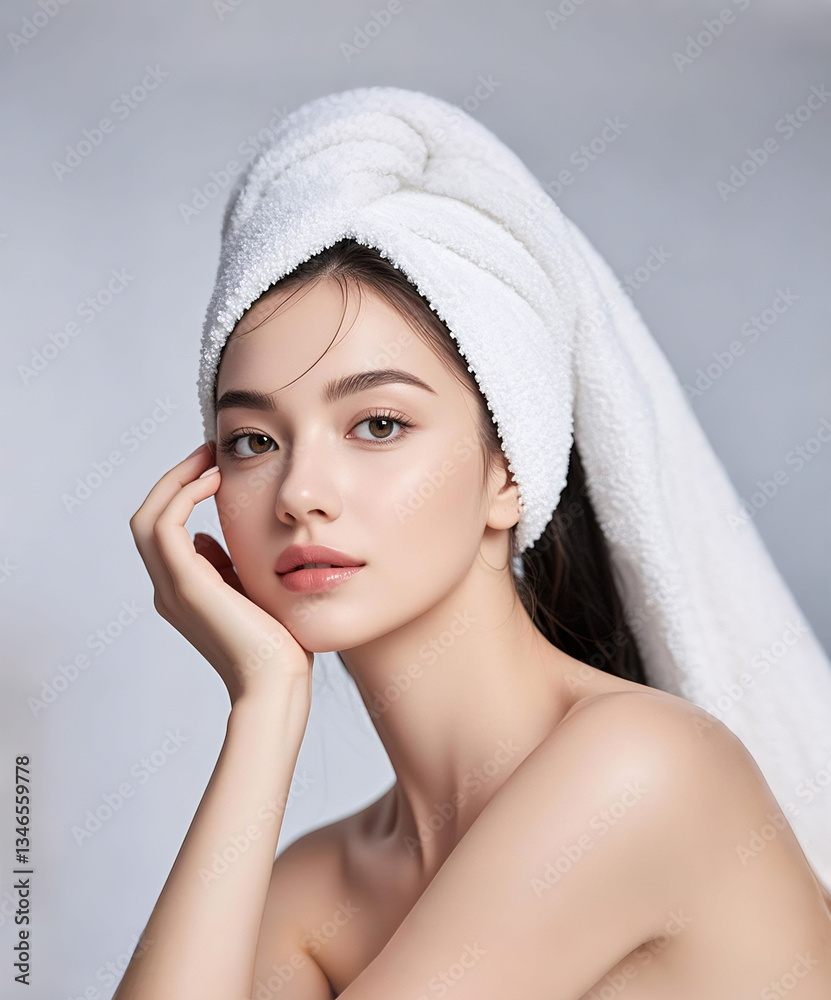 Obraz premium Girl with hair wrapped in bath towel, hand on chin, beauty salon model