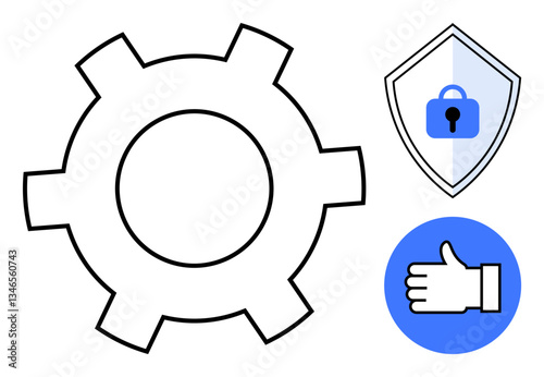 Gear symbolizing efficiency, shield with lock for security, and thumbs up for reliability in a clean, minimal style. Ideal for technology, cybersecurity, web services, software development, quality
