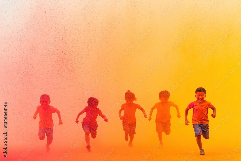 Obraz premium Children running joyfully in a colorful powder explosion, embodying excitement and playfulness in a vibrant setting with shades of orange and yellow