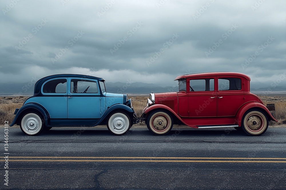Obraz premium Contrast shot: Electric car and old gasoline car side by side, symbolizing future and past.