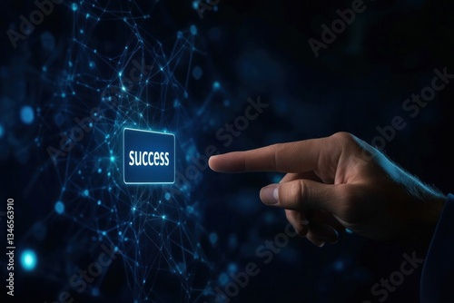 Human hand pointing towards a digital success button network