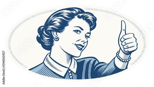 Retro icon of a woman with her finger raised in an "OK" gesture, vintage style, white and blue colors, representing positivity and confidence